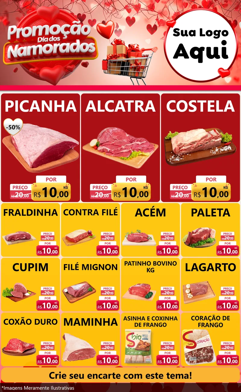 Modelo de Encarte para Encarte Grande com o tema Promoção Dia dos Namorados para Açougue