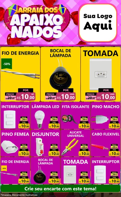 Modelo de Encarte para Encarte Grande com o tema Arraiá dos Apaixonados para Materiais Elétricos
