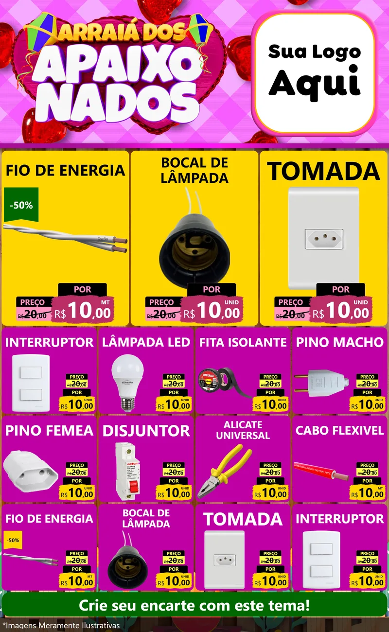 Modelo de Encarte para Encarte Grande com o tema Arraiá dos Apaixonados para Materiais Elétricos