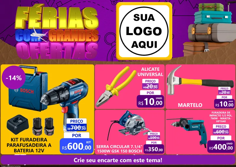 Modelo de Encarte para Encarte A4 Horizontal com o tema Férias com Grandes Ofertas para Maquinas e Ferramentas