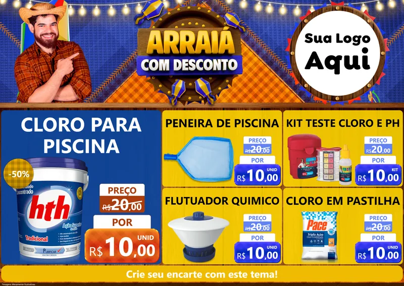 Modelo de Encarte para Encarte A4 Horizontal com o tema Arraiá Com Desconto para Produtos para Piscina