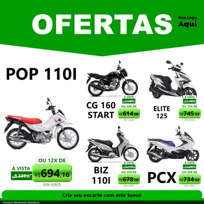 Modelo de Rede Social para Feed Facebook com o tema Ofertas Verde Cartaz para Concessionaria de Motos
