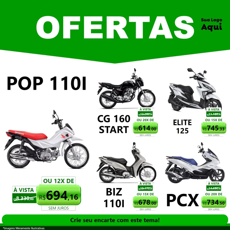 Modelo de Rede Social para Feed Facebook com o tema Ofertas Verde Cartaz para Concessionaria de Motos