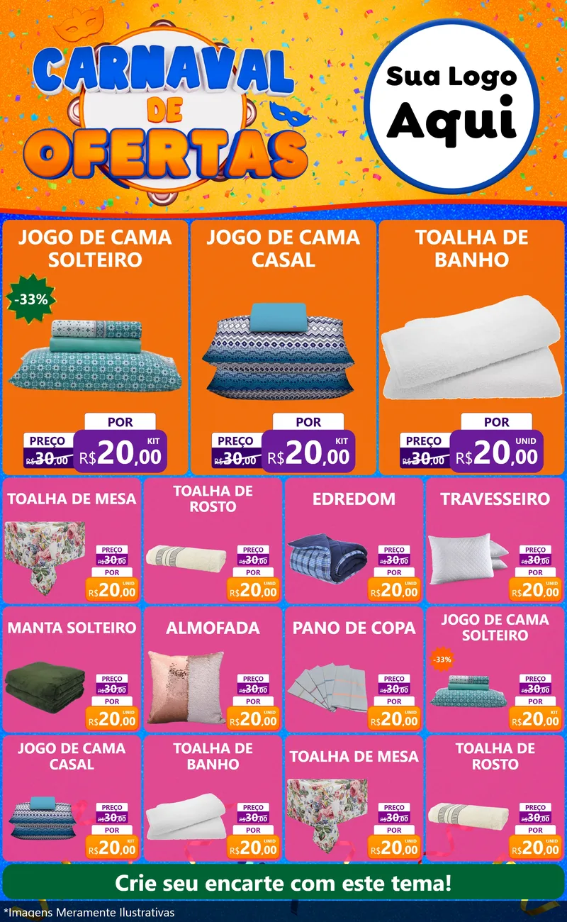 Modelo de Encarte para Encarte Grande com o tema Carnaval de Ofertas para Cama, Mesa e Banho