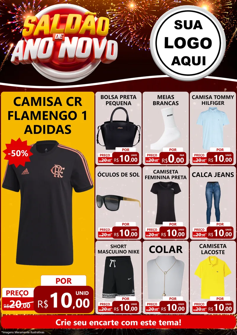Modelo de Encarte para Encarte A4 Vertical com o tema Saldão de Ano Novo para Roupas e acessórios