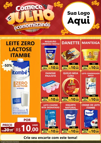 Modelo de Encarte para Encarte A4 Vertical com o tema Comece Julho Economizando para Frios e Laticínios
