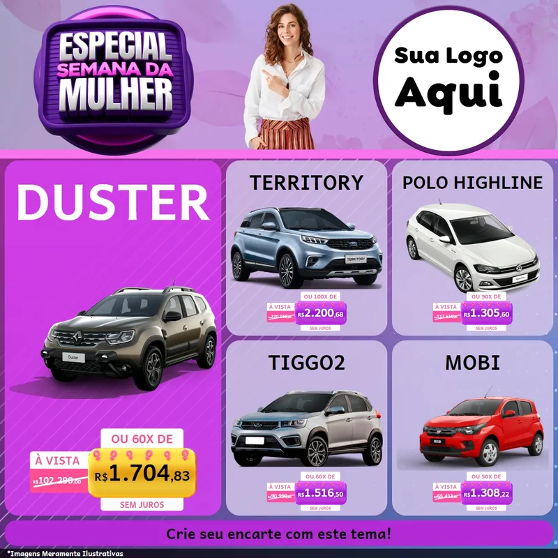 Modelo de Rede Social para Feed Facebook com o tema Especial Semana da Mulher para Concessionaria de Carros