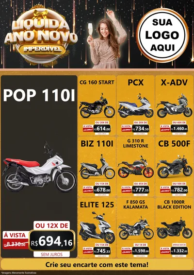 Modelo de Encarte para Encarte A4 Vertical com o tema Liquida Ano Novo Imperdível para Concessionaria de Motos