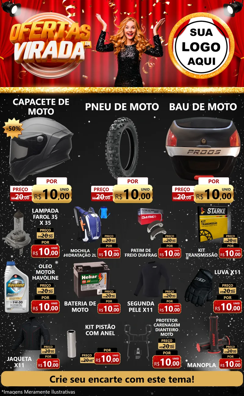 Modelo de Encarte para Encarte Grande com o tema Ofertas da Virada para Moto peças