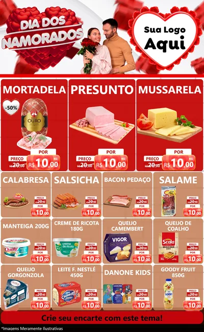 Modelo de Encarte para Encarte Grande com o tema Dia dos Namorados para Frios e Laticínios