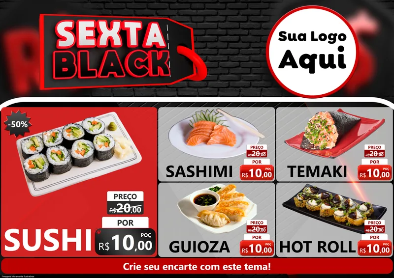 Modelo de Encarte para Encarte A4 Horizontal com o tema Sexta Black para Comida japonesa