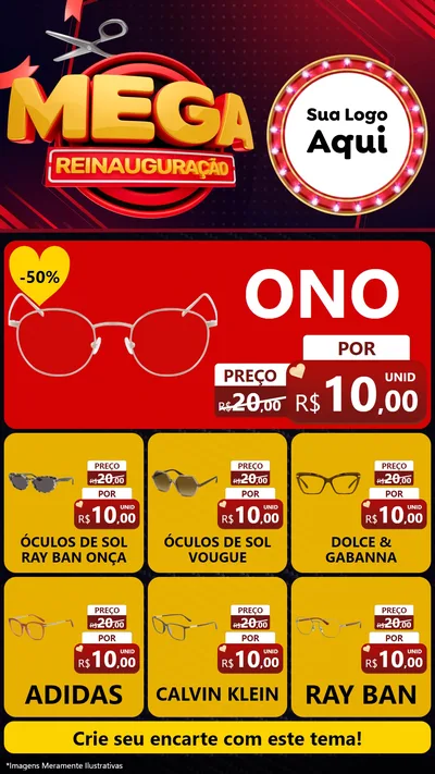 Modelo de Rede Social para Stories com o tema Mega Reinauguração para Óticas
