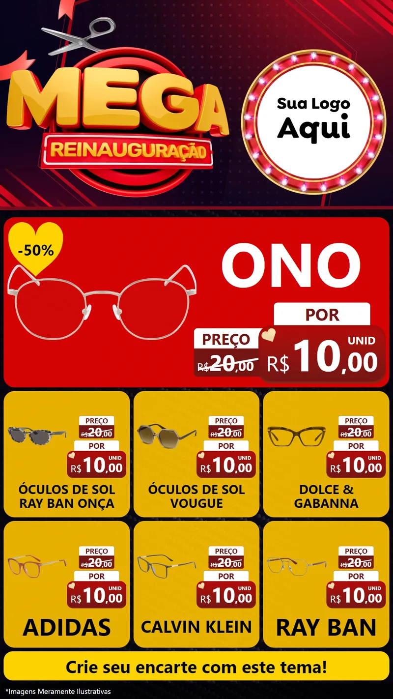 Modelo de Rede Social para Stories com o tema Mega Reinauguração para Óticas