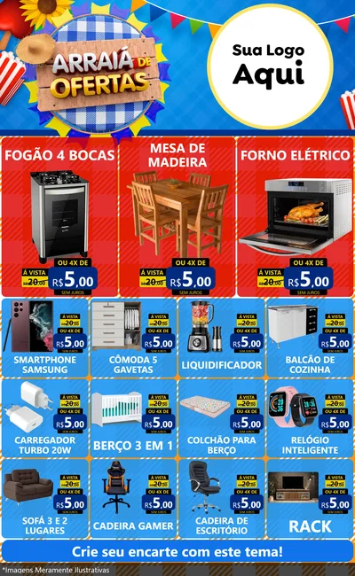 Modelo de Encarte para Encarte Grande com o tema Arraiá de Ofertas para Móveis e Eletro