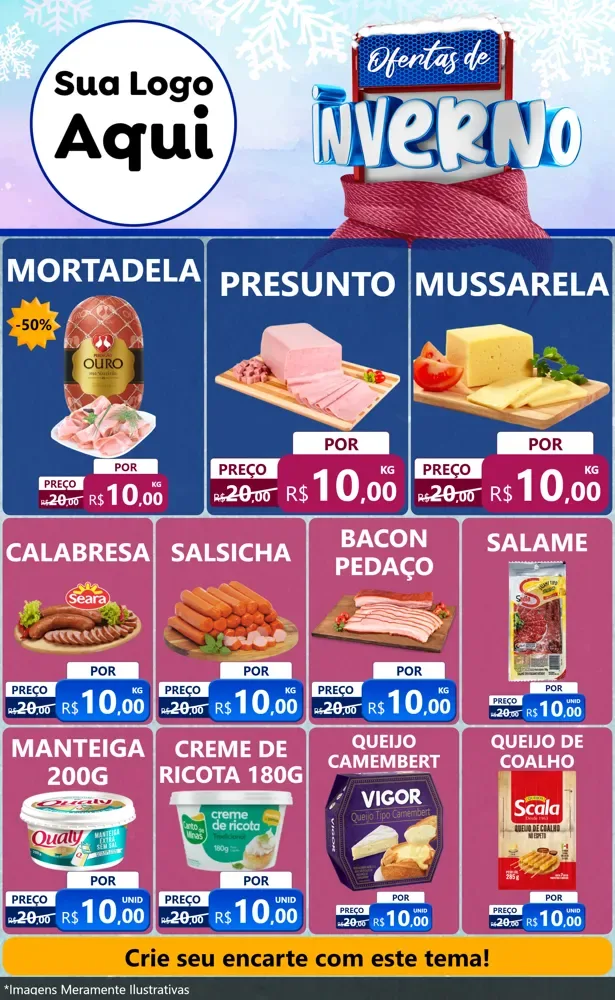 Modelo de Encarte para Encarte Grande com o tema Ofertas de Inverno para Frios e Laticínios