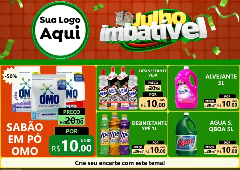 Modelo de Encarte para Encarte A4 Horizontal com o tema Julho Imbatível para Produtos de Limpeza