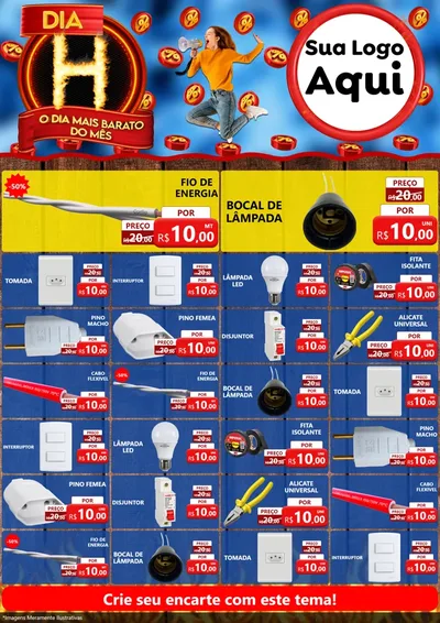 Modelo de Encarte para Encarte A4 Vertical com o tema Dia H - O Dia Mais Barato Do Mês para Materiais Elétricos
