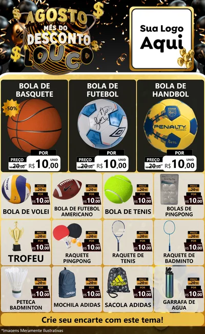 Modelo de Encarte para Encarte Grande com o tema Agosto Mês do Desconto Louco para Artigos Esportivos
