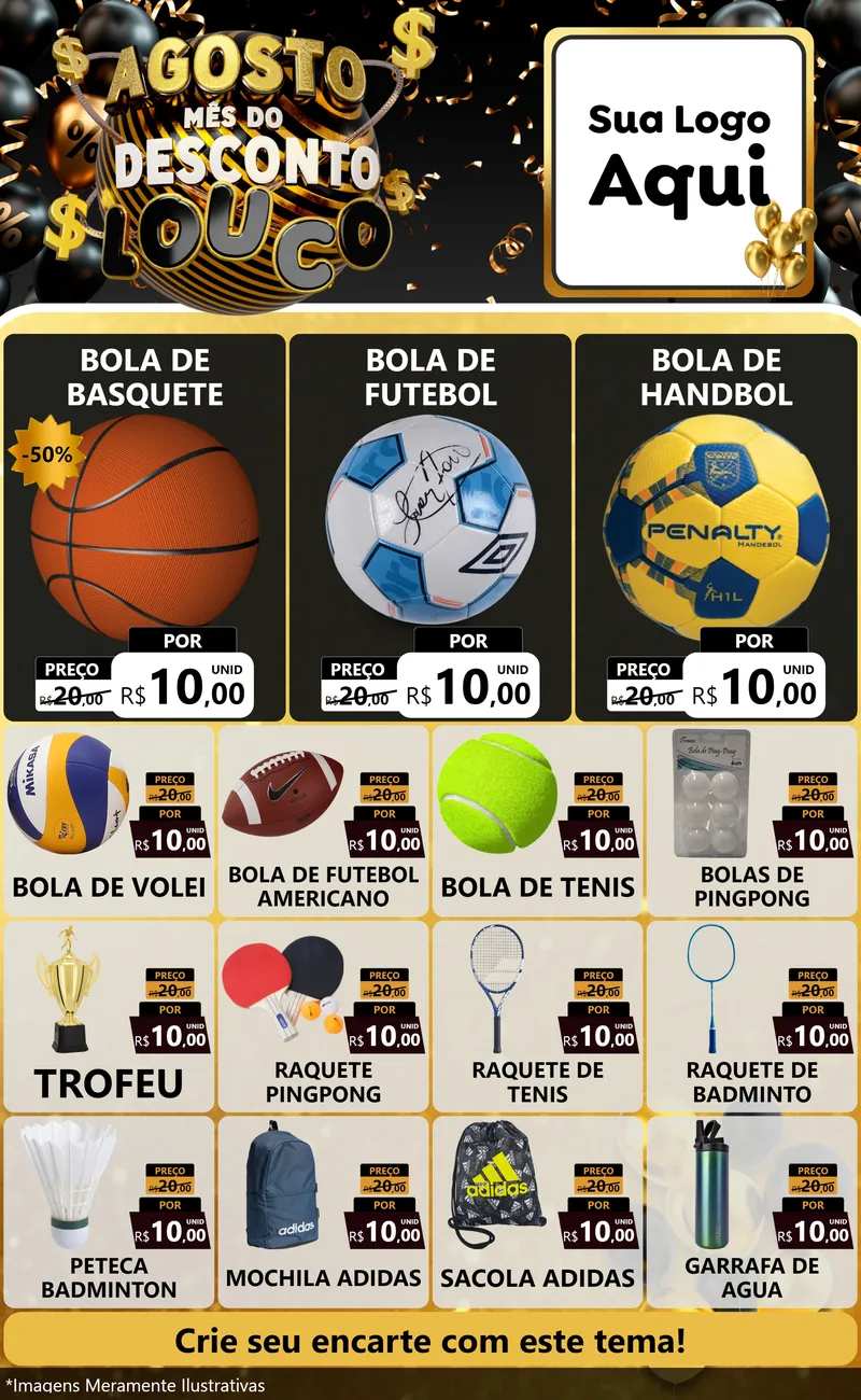 Modelo de Encarte para Encarte Grande com o tema Agosto Mês do Desconto Louco para Artigos Esportivos