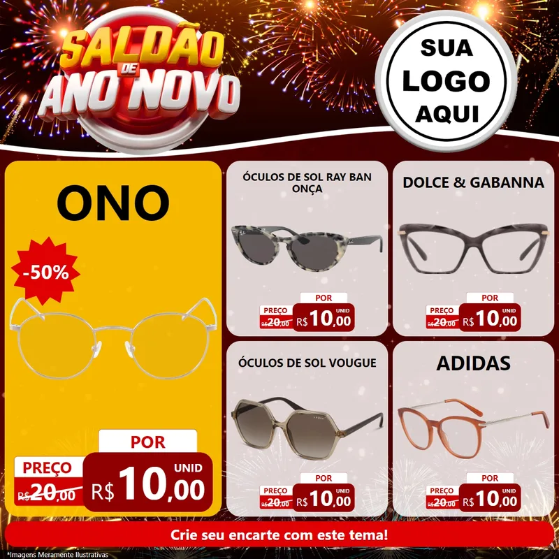 Modelo de Rede Social para Feed Facebook com o tema Saldão de Ano Novo para Óticas