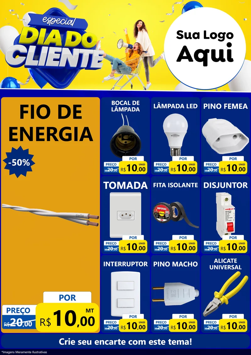 Modelo de Encarte para Encarte A4 Vertical com o tema Especial Dia do Cliente para Materiais Elétricos