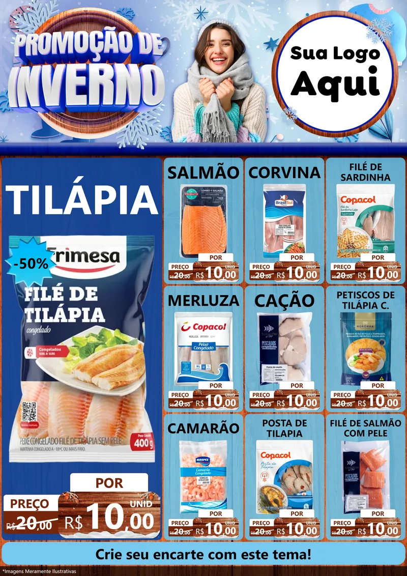 Modelo de Encarte para Encarte A4 Vertical com o tema Promoção de Inverno para Peixaria