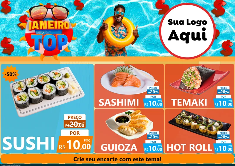 Modelo de Encarte para Encarte A4 Horizontal com o tema Janeiro Top para Comida japonesa