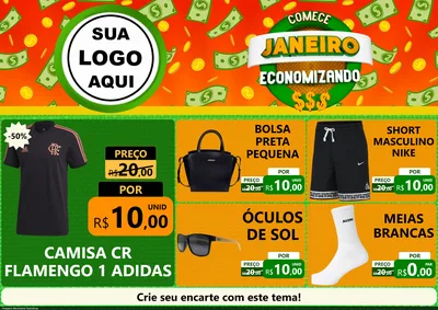 Modelo de Encarte para Encarte A4 Horizontal com o tema Comece Janeiro Economizando para Roupas e acessórios