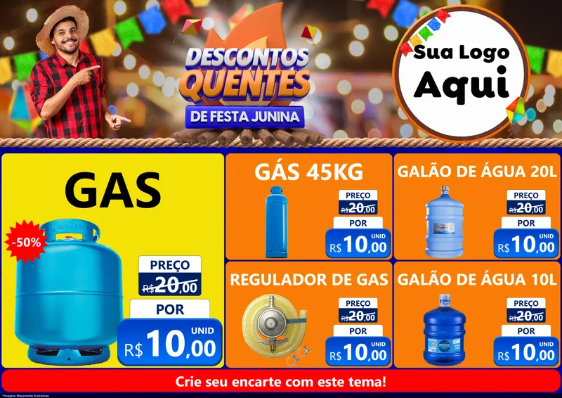 Modelo de Encarte para Encarte A4 Horizontal com o tema Descontos Quentes de Festa Junina para Água e gás
