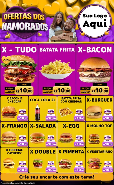 Modelo de Encarte para Encarte Grande com o tema Oferta Dos Namorados para Hamburgueria