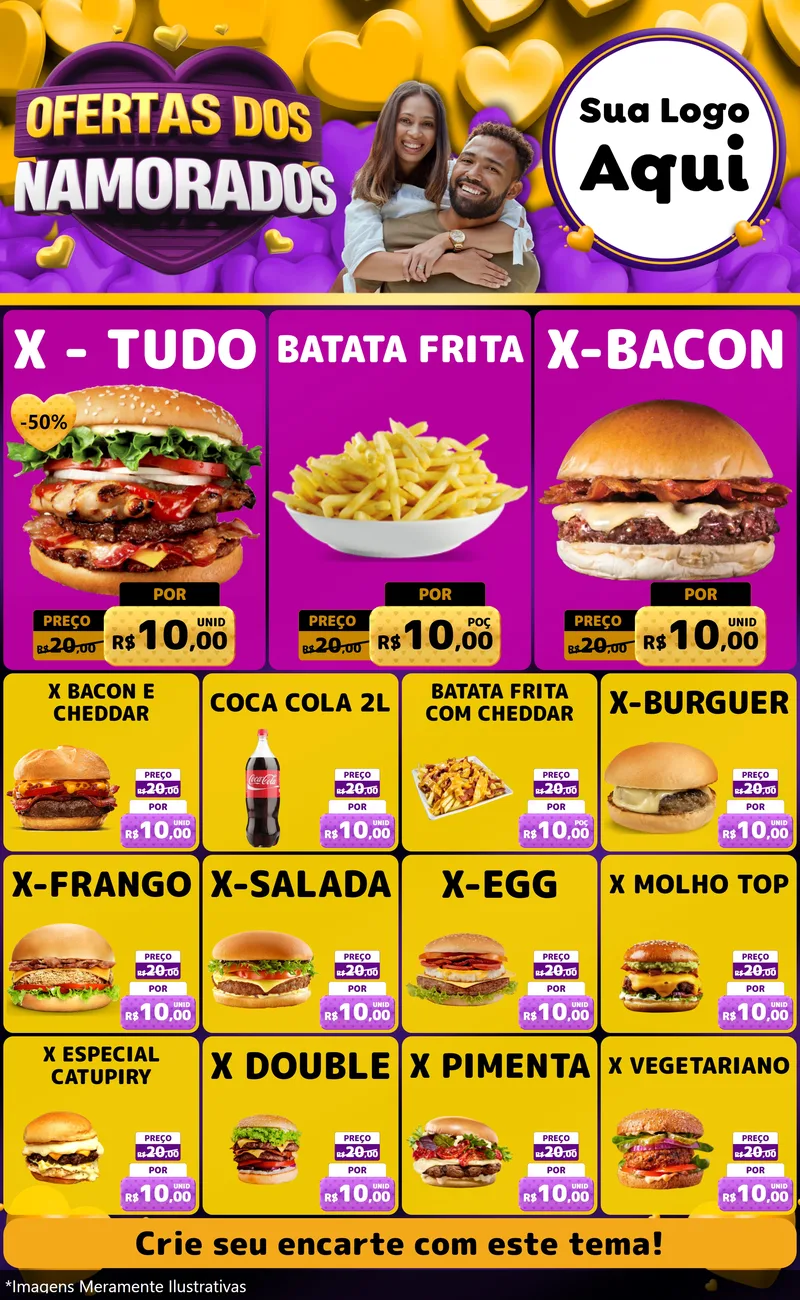 Modelo de Encarte para Encarte Grande com o tema Oferta Dos Namorados para Hamburgueria