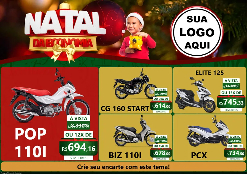 Modelo de Encarte para Encarte A4 Horizontal com o tema Natal da Economia para Concessionaria de Motos
