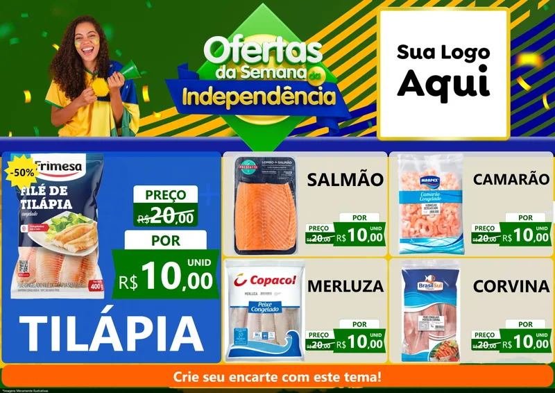 Modelo de Encarte para Encarte A4 Horizontal com o tema Ofertas da Semana da Independência para Peixaria