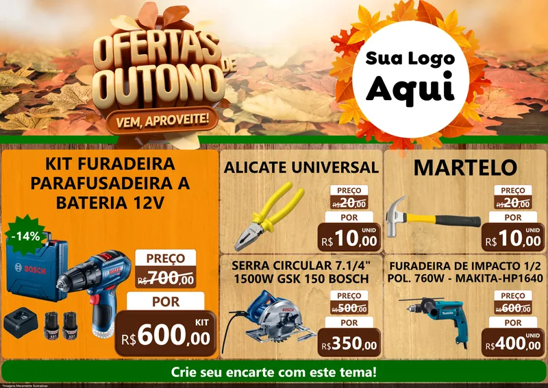 Modelo de Encarte para Encarte A4 Horizontal com o tema Ofertas de Outono - Vem, Aproveite! para Maquinas e Ferramentas