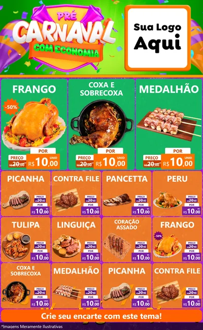 Modelo de Encarte para Encarte Grande com o tema Pré-Carnaval Com Economia para Assados