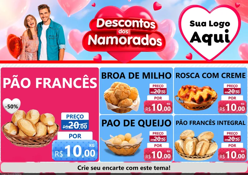 Modelo de Encarte para Encarte A4 Horizontal com o tema Descontos dos Namorados para Padaria