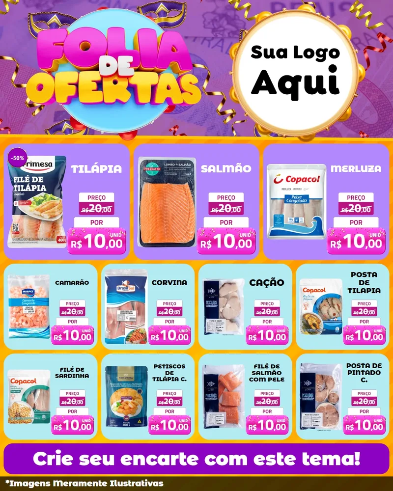 Modelo de Rede Social para Feed Instagram com o tema Folia de Ofertas para Peixaria