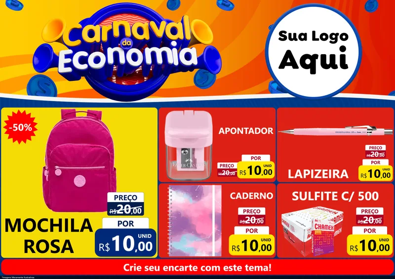 Modelo de Encarte para Encarte A4 Horizontal com o tema Carnaval da Economia para Papelaria