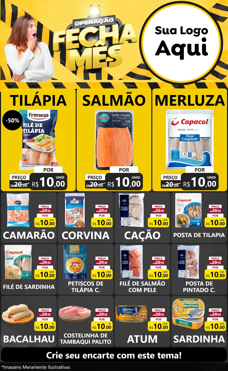 Modelo de Encarte para Encarte Grande com o tema Operação Fecha Mês para Peixaria