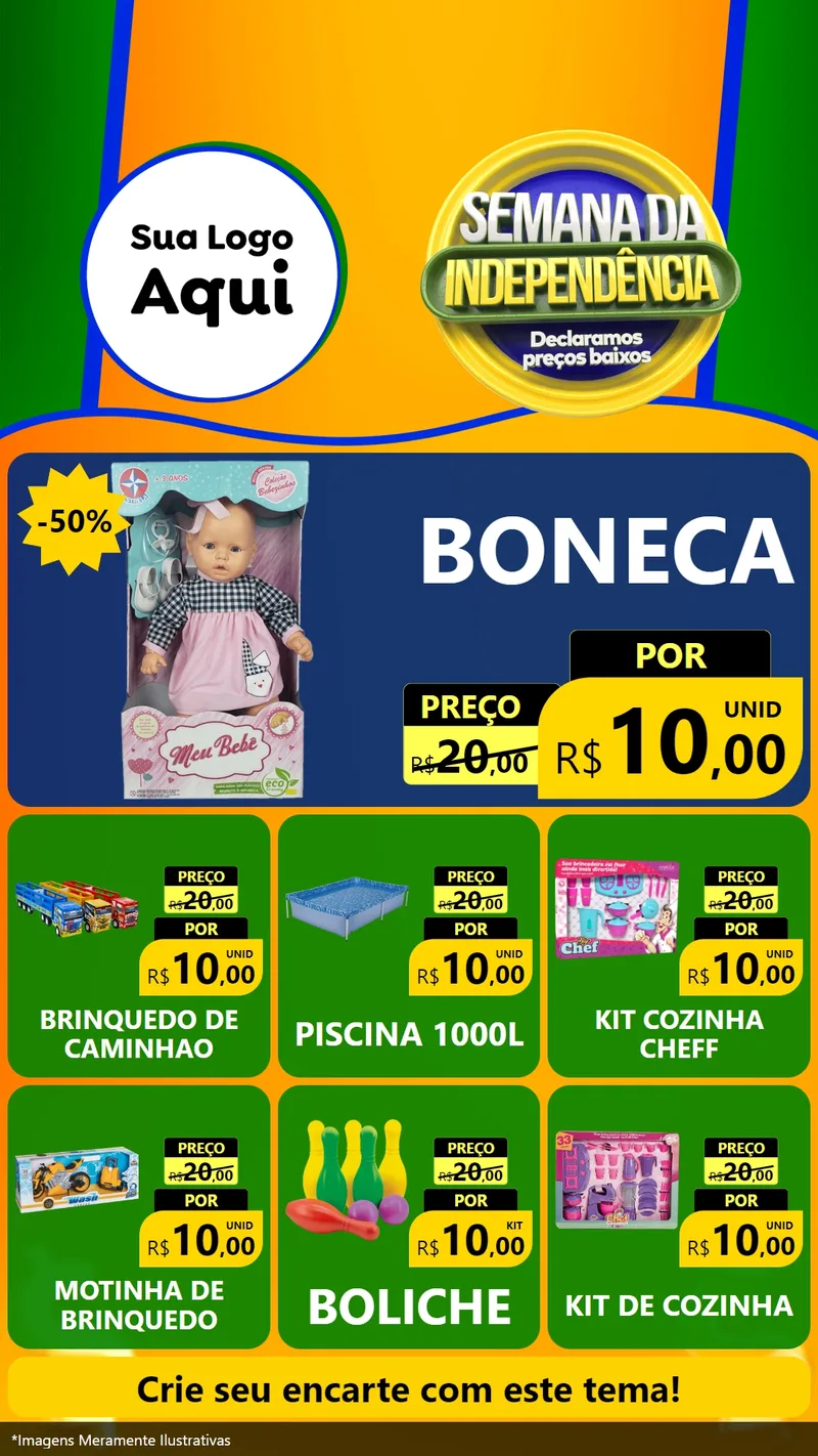 Modelo de Rede Social para Stories com o tema Semana da Independência Declaramos Preços Baixos para Brinquedos