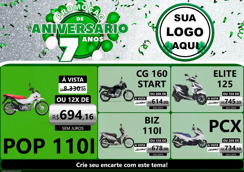 Modelo de Encarte para Encarte A4 Horizontal com o tema Promoção de Aniversário - 7 Anos para Concessionaria de Motos