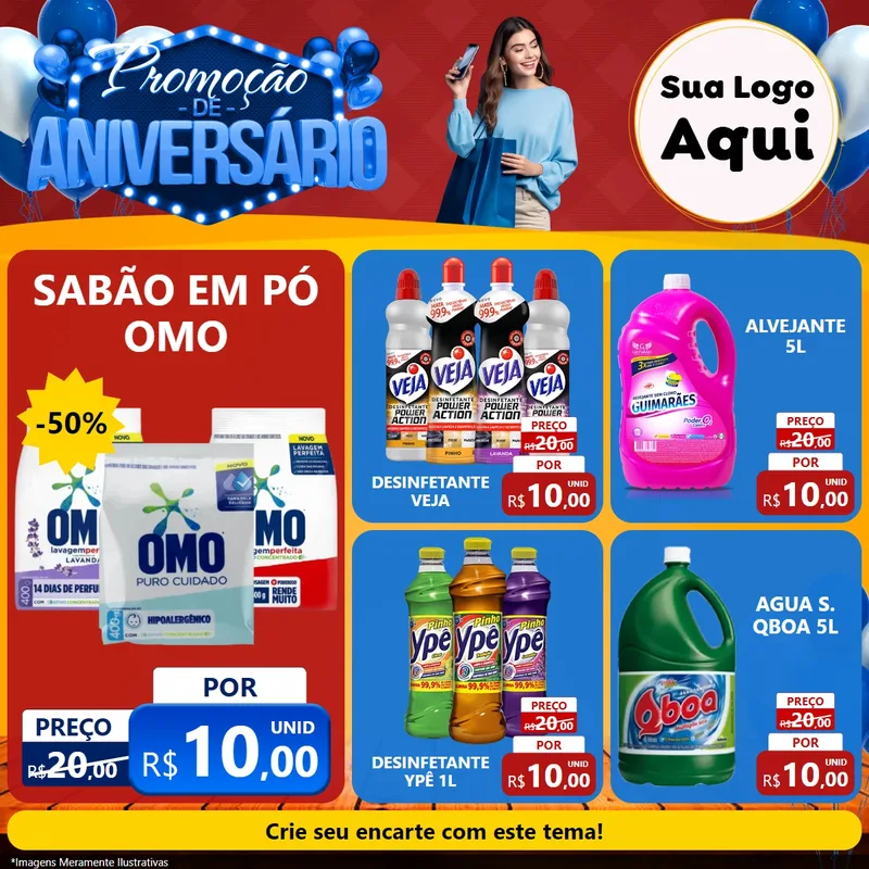 Modelo de Rede Social para Feed Facebook com o tema Promoção de Aniversário para Produtos de Limpeza
