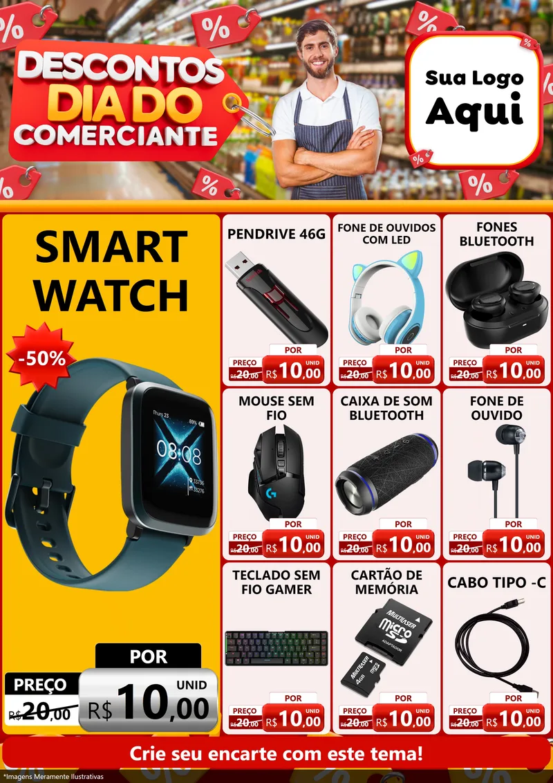 Modelo de Encarte para Encarte A4 Vertical com o tema Descontos Dia do Comerciante para Informática