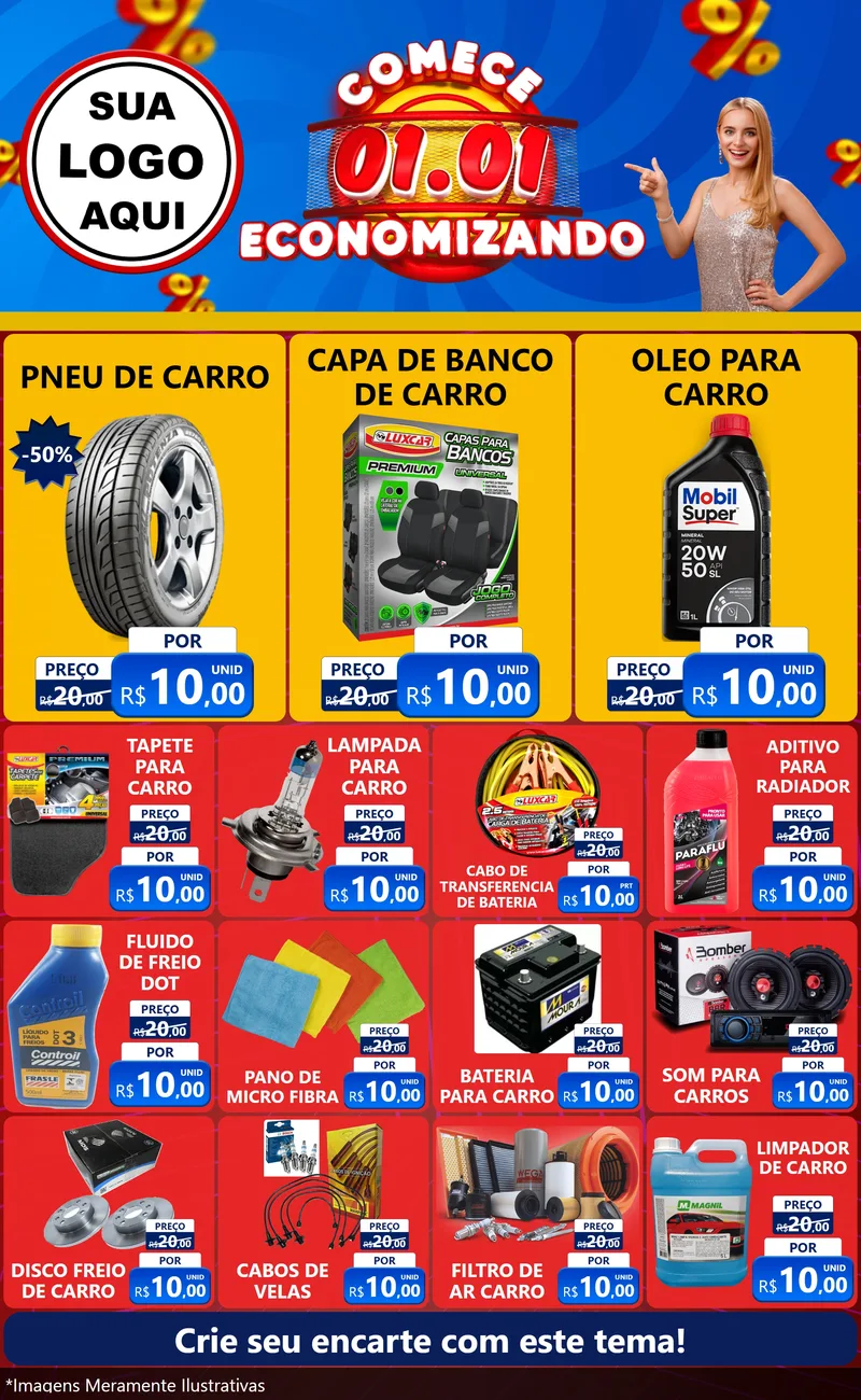 Modelo de Encarte para Encarte Grande com o tema Comece 1º de Janeiro Economizando para Auto peças