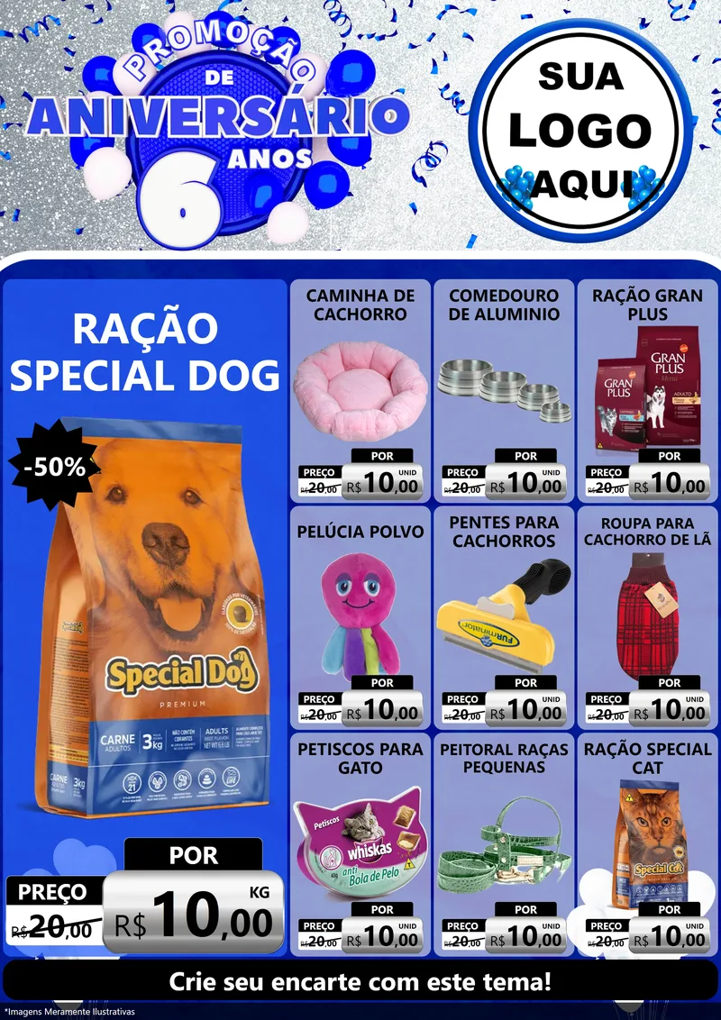 Modelo de Encarte para Encarte A4 Vertical com o tema Promoção de Aniversário - 6 Anos para Pet Shop