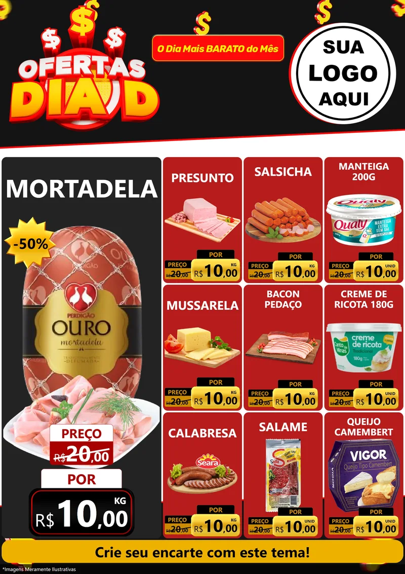 Modelo de Encarte para Encarte A4 Vertical com o tema Ofertas Dia D para Frios e Laticínios