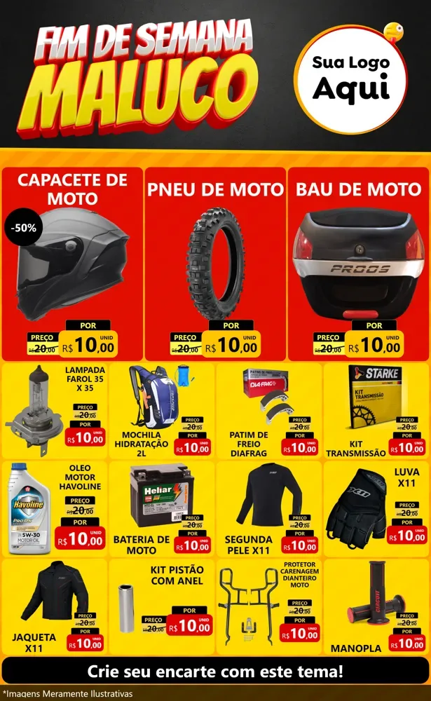 Modelo de Encarte para Encarte Grande com o tema Final de Semana Maluco para Moto peças