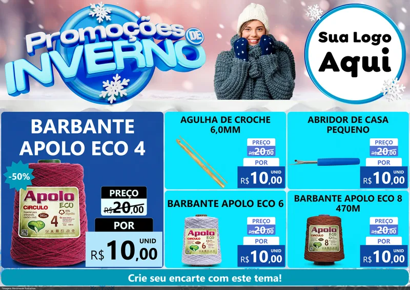 Modelo de Encarte para Encarte A4 Horizontal com o tema Promoções de Inverno para Armarinho e Aviamentos