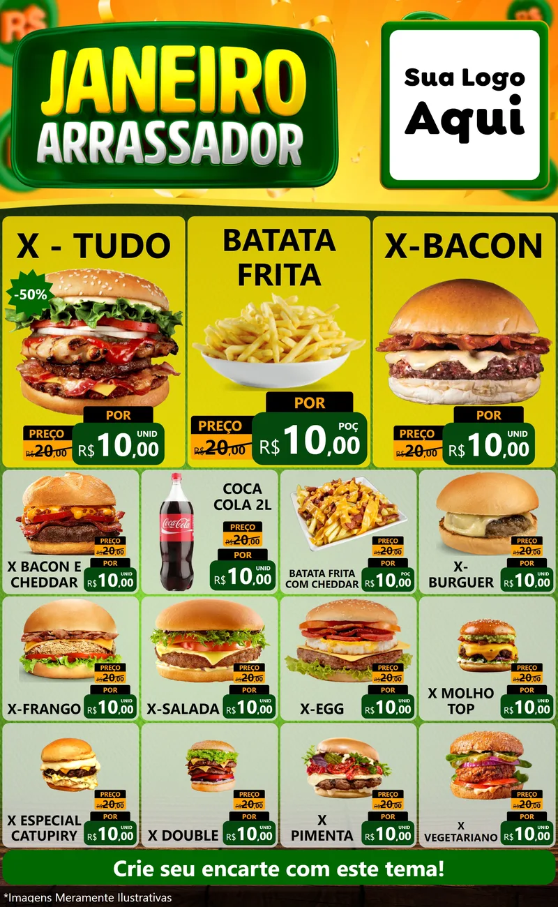 Modelo de Encarte para Encarte Grande com o tema Janeiro Arrasador para Hamburgueria