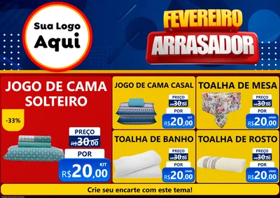 Modelo de Encarte para Encarte A4 Horizontal com o tema Fevereiro Arrasador para Cama, Mesa e Banho